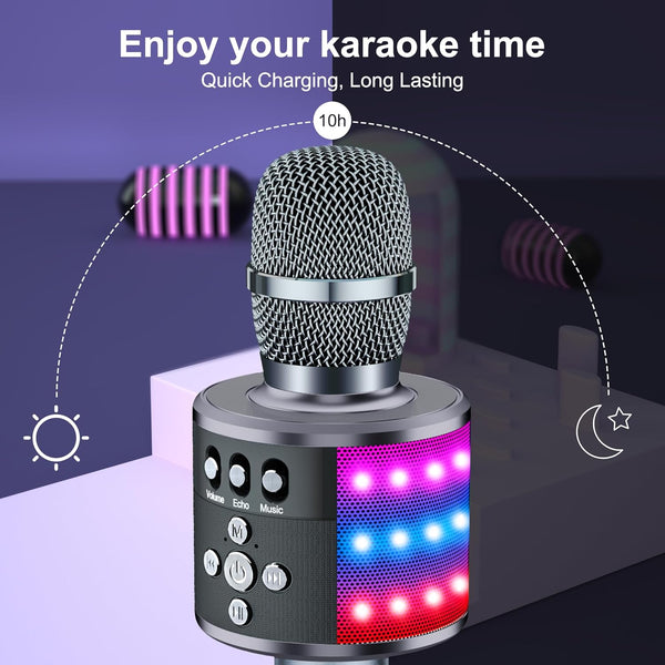 BONAOK Karaoke Microphone for Kids & Adults - Bluetooth Microphones Singing Mic with Disco Lights, Echo Effect, Built-In Speaker Portable Karaoke