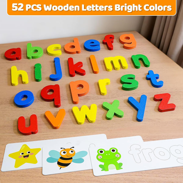 BEESTECH Alphabet ABC Learning Educational Toys for 2 3 4 5 Years Old Boys Girls, Wooden Puzzle Flash Cards Preschool Activity Letter Matching