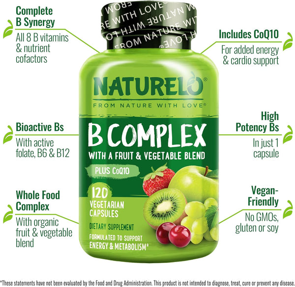 NATURELO Vitamin B Complex with Methyl B12, Methyl Folate, Vitamin B6, Biotin plus Choline, Coq10, and Fruit & Vegetable Blend - Supports Energy &