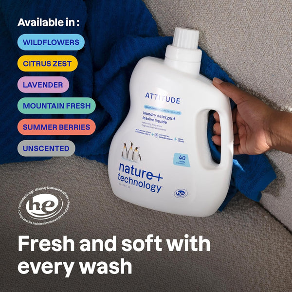 ATTITUDE Liquid Laundry Detergent, EWG Verified Laundry Soap, HE Compatible, Vegan and Plant Based Products, Cruelty-Free, Unscented, 40 Loads,