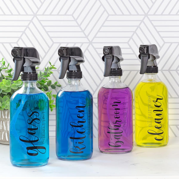 Cornucopia Brands Cleaning Spray Bottles Set, Glass (Set of 4, 16-Ounce); Refillable Trigger Sprayers W/Mist/Stream Settings and Farmhouse Script