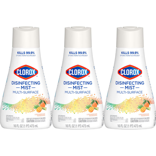 Clorox Disinfecting Mist, Lemongrass Mandarin, Household Essentials, 3 Refills, 16 Fl Oz Each
