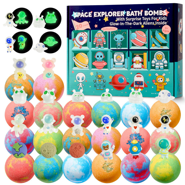20 Pack Galaxy Bath Bombs for Kids with Space Explorer Toys, Cosmic Adventure Kids Bath Bombs with Astronauts, Rockets, 