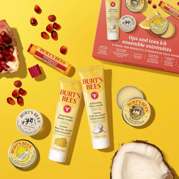 Burt'S Bees Gifts Ideas, Tips and Toes Kit, 6 Travel Size Products - Pomegranate Moisturizing Lip Balm, 2 Hand Creams, Foot Cream, Cuticle Cream,