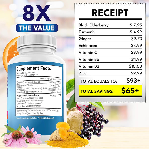NEW AGE 8 in 1 Immune Support Booster Supplement with Echinacea, Vitamin C and Zinc 50Mg, Vitamin D 5000 IU, Turmeric Curcumin & Ginger, B6,