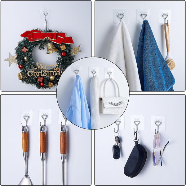 Meknow Large Adhesive Hooks Utility Hooks 8 Pack Waterproof and Rustproof Wall Hooks for Hanging Heavy Duty, Stainless Steel Robe & Towel Hanger