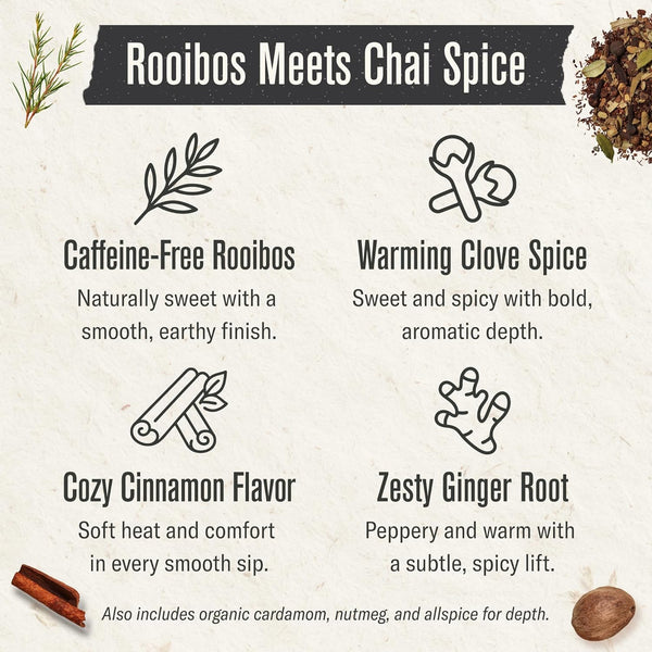 Numi Organic Rooibos Chai Tea, 18 Tea Bags, Red Tea with Cinnamon, Allspice & Ginger, Caffeine Free (Packaging May Vary)