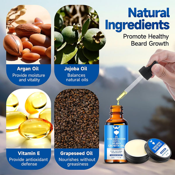 Beard Growth Oil & Beard Balm - Beard Growth Kit with 2X Concentration Biotin for Men, Natural Ingredients with Argan Oil, Jojoba Oil and Vitamin