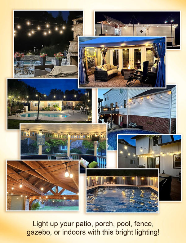 XMCOSY+ 48FT Outdoor String Lights Waterproof - LED Patio Hanging Lights for Outside Porch Backyard Gazebo Garden, Commercial Grade 16 Edison