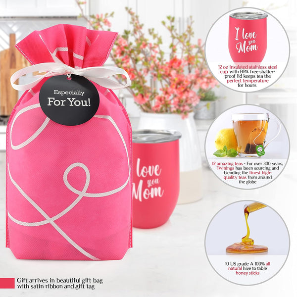 Gifts for Mom - Tea Lovers Gift Basket, Set Includes Temperature Retention Cup 12 Special Blend Teabags & Honey Presented in Beautiful Gift Bag