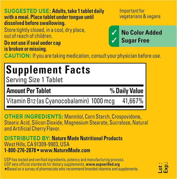 Nature Made Vitamin B12 1000 Mcg, Easy to Take Sublingual B12 for Energy Metabolism Support, 50 Sugar Free Fast Dissolve Tablets, 50 Day Supply
