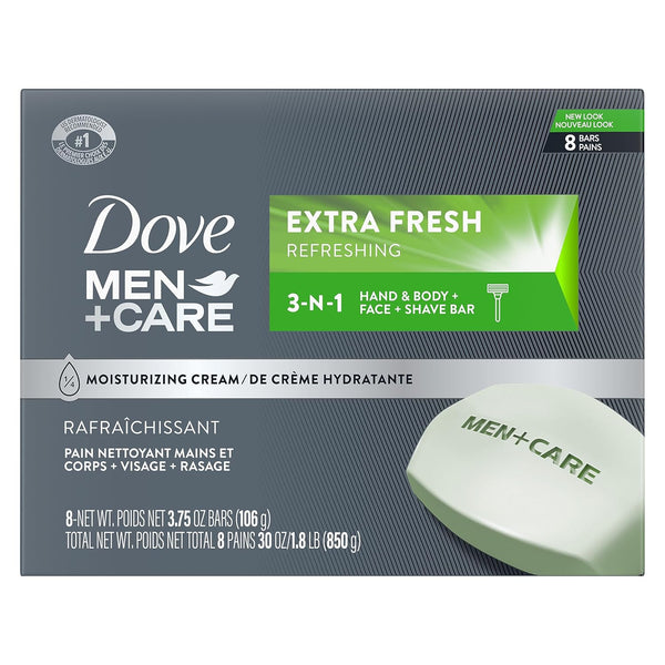 DOVE MEN + CARE 3 in 1 Bar Cleanser for Body, Face, and Shaving Extra Fresh Body and Facial Cleanser More Moisturizing than Bar Soap to Clean and