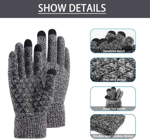 Andiker Winter Knit Gloves, Men Women Touch Screen Cold Weather Gloves, Full Finger Soft Warm anti Slip Gloves for Hiking