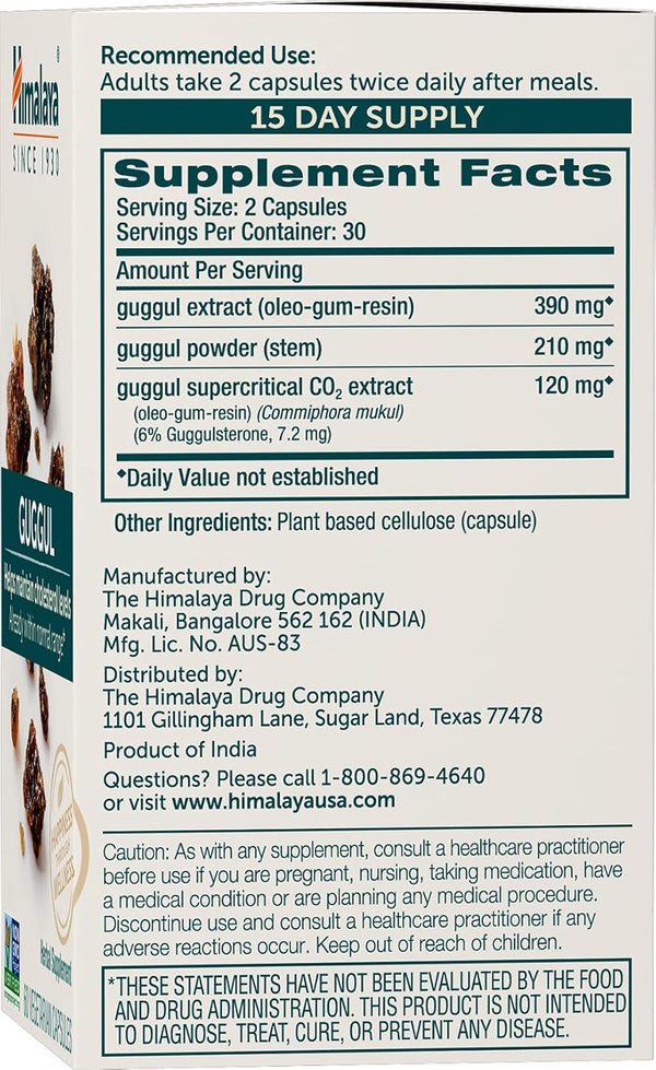 Himalaya Guggul - Herbal Liver Support for Liver Detox, Cholesterol, HDL & LDL Support - Vegan, Non-GMO, Gluten Free, 720 mg, 60 Capsules 60 Count