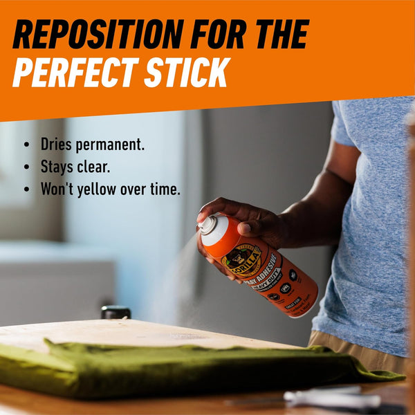 Gorilla Heavy Duty Spray Adhesive, Clear Glue, 14 Ounce (Pack of 1) - All Purpose with Comfort Nozzle for Indoor or Outdoor
