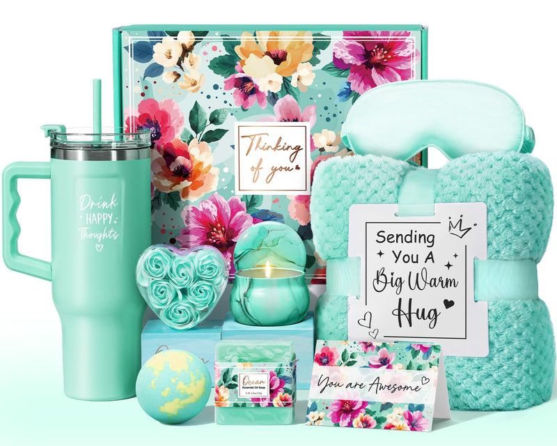Birthday Gifts for Women Self Care Gifts Get Well Soon Gifts, Ocean Relaxing Spa Gifts Basket Care Package W/ Luxury Flannel Blanket 40 Oz