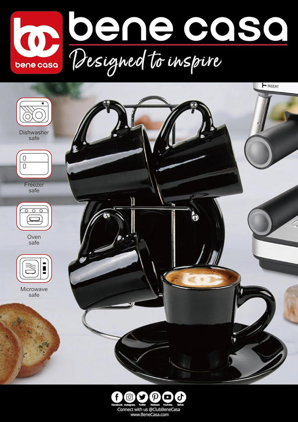 Bene Casa Black 9-Pc Espresso Set W/Metal Stand, 4 Espresso Cup Set, Cup & Saucer Set, Color Negro Juego De 4 Tazas Y 4 Platos Con Stand De Metal
