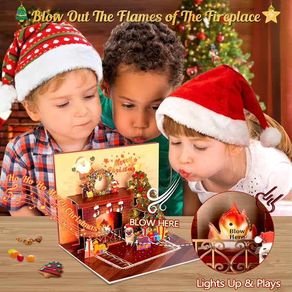 Christmas Card Pop up with Light and Music 3D Santa Fireplace Merry Christmas Greeting Card with Envelope for Kids Girls Women Man Christmas Gift