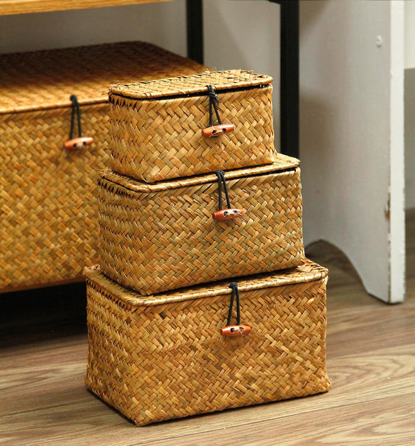 FEILANDUO Shelf Baskets with Lid Set of 3 Handwoven Seagrass Storage Box Wicker Basket Desktop Makeup Organizer Multipurpose Container (Original