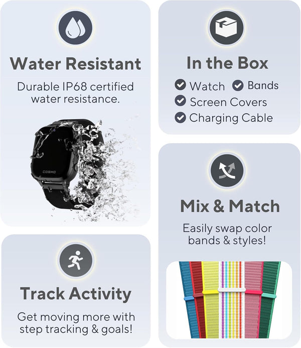 Jrtrack 4 Kids Smart Watch by Cosmo | Phone Watch & GPS Tracker | Enhanced Parental Controls | Call, Text, Activity, School Lock | Spotify Music |