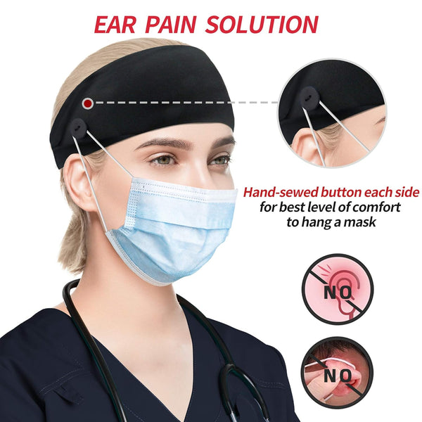 ABAMERICA Headbands with Button for Mask, Wide Nurses Headbands Non Slip Elastic Ear Protection for Women Men Doctors Sweatband Headband (BUTTON-
