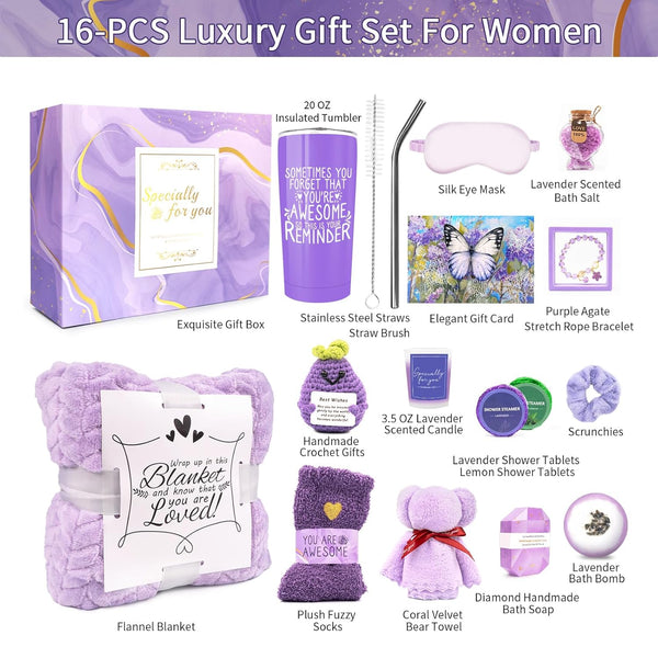 Gifts for Women Spa Basket, Lavender Spa Gift Basket,16 Pcs Self Care Package for Women, Mom, Wife, Girlfriend, Sister, Unique Get Well Sets for