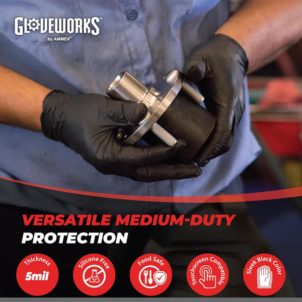 GLOVEWORKS Black Disposable Nitrile Industrial Gloves, 5 Mil, Latex & Powder-Free, Food-Safe, Textured