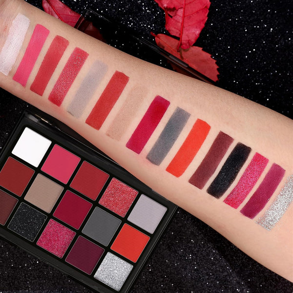 UCANBE Red Eyeshadow Makeup Palette, 15 Colors Burgunry Gray Silver Shimmer Matte Glitter Metallic Eye Shadow Pallet, Pigmented Make Up Kit for