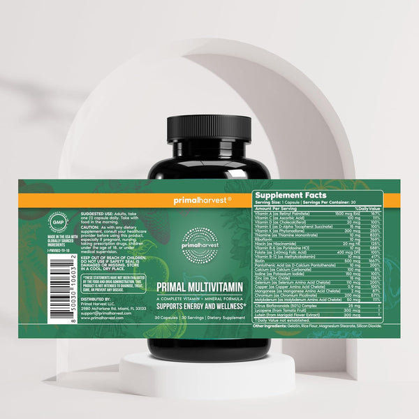 Primal Harvest Primal Multivitamin - Daily Multi-Vitamin Supplement with 21 Essential Vitamins & Minerals for Women & Men - Vitamin A, C, D, E,