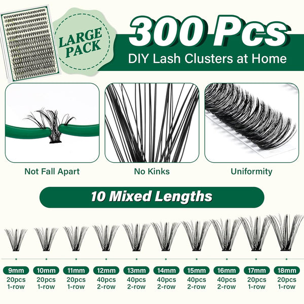 DIY Lash Extension Kit KEYYOU 300Pcs Individual Eyelash Extension Kit 40D 0.07D Curl 9-18MIX Lash Clusters Kit with Lash Glue Remover Applicator