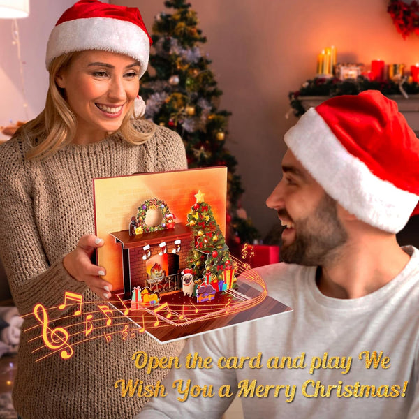 Christmas Card Pop up with Light and Music 3D Santa Fireplace Merry Christmas Greeting Card with Envelope for Kids Girls Women Man Christmas Gift