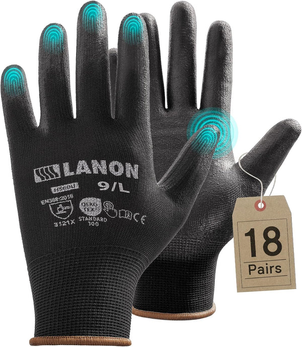 LANON Safety Work Gloves for Men and Women, 18 Pairs Mechanic Black Working Gloves with Grip Odorless PU Coated, Seamless Knit, Full Fingertip
