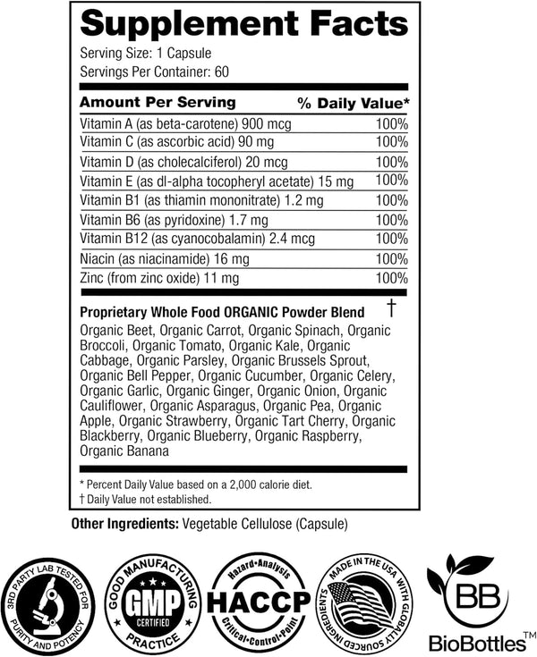 FeelGood Superfoods Vita Fruits and Veggies Capsules - 25 Superfood Ingredients, Fruit and Vegetable Multivitamin, 60 Count - for Men and Women -