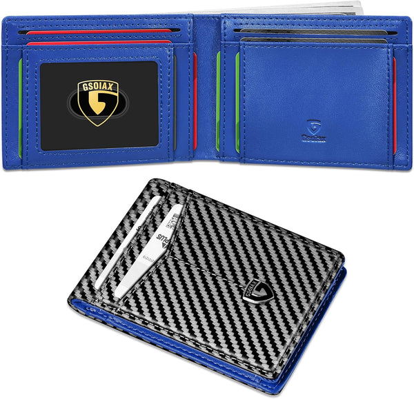 GSOIAX Slim Wallet for Men Leather Carbon Fiber RFID Blocking Minimalist Front Pocket Bifold Mens Wallet with ID Window,12 Credit Card Holders