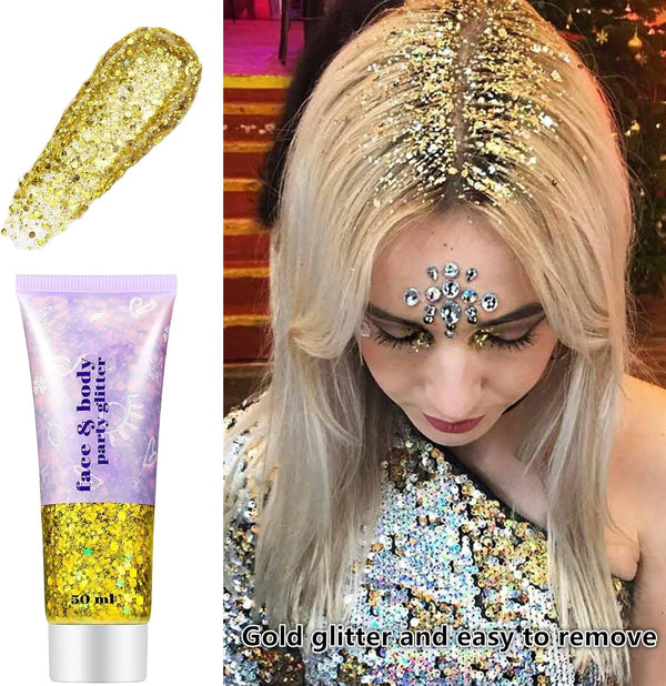 Go Ho Gold Face Body Glitter,Mardi Gras Glitter Makeup Gold Face Paint,Holographic Chunky Sequins Glitters for Eye Lip Hair Nails,Festival Rave