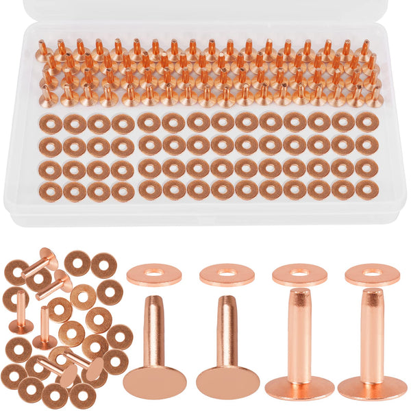 Junesunshine 154Pcs Copper Rivets for Leather, 2 Smooth Leather Rivets without Pattern, Pure Copper Rivets and Burrs for Leather Work Jeans