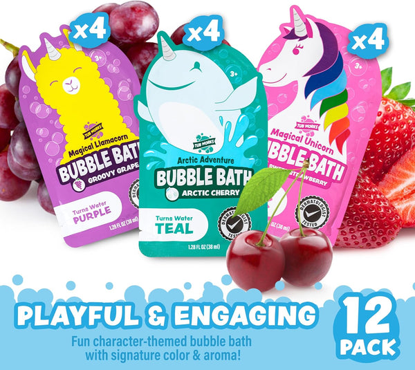 Tub Works® Magical Kids Bubble Bath, Variety 12 Pack | Creates Colorful Water & Tons of Foam Bath Bubbles | Nontoxic | Character-Themed Bubble