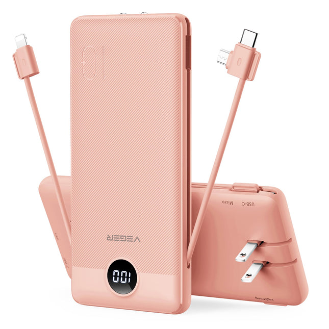 VEGER Portable Charger for Iphone Built in Cables and Wall Plug, 10000Mah Slim Fast Charging USB C Power Bank, Travel Es