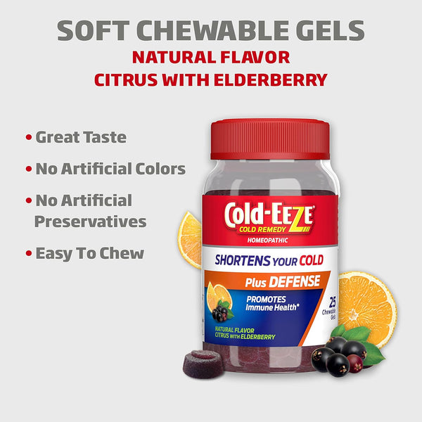 Cold-Eeze plus Defense Natural Citrus & Elderberry Zinc Chewable Gels, Homeopathic Cold Remedy, Shortens Common Cold Symptoms, Promotes Immune