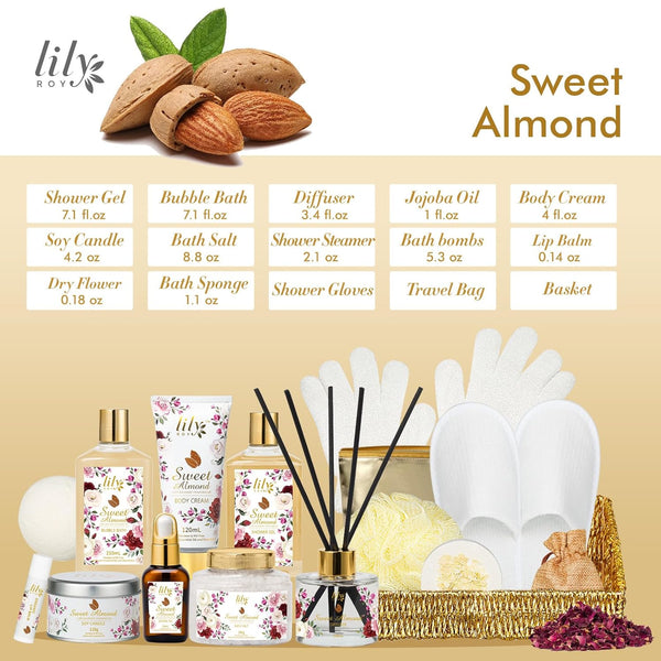 Mothers Day Gifts for Mom Spa Gift Basket Set for Women 17-Piece Almond Luxury Spa Gift Set Bath & Body Care Kit with Shower Gel, Body Cream |