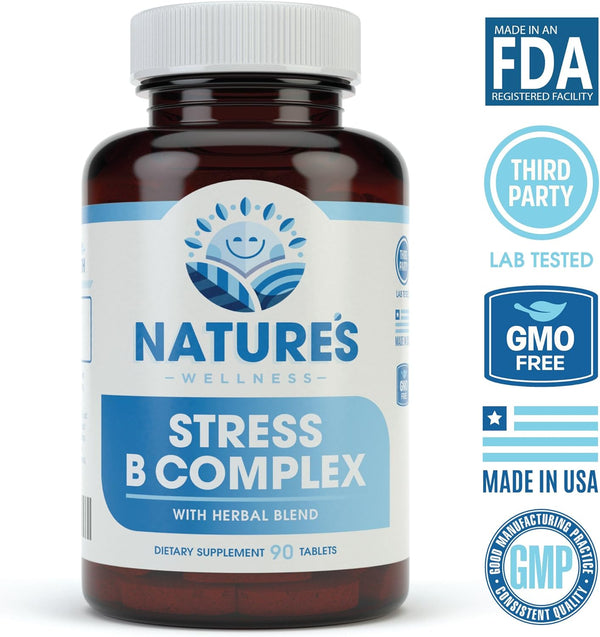 Vitamin B Complex Stress Relief | All Natural Mood Enhancer and Stress Support Supplement | Stress B Complex with Herbal Extract Blend plus