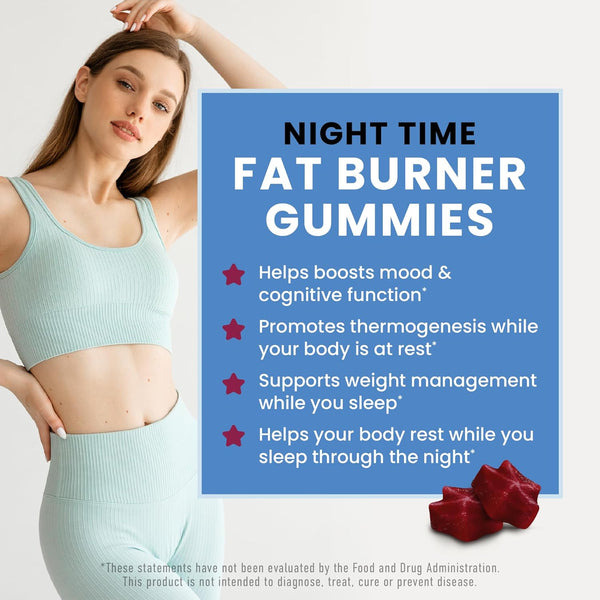 Night Time Fat Burner Gummies, Sleep Support & Weight Loss Supplement | Slimming Hunger Suppressant & Metabolism Booster, Shred Belly Fat While