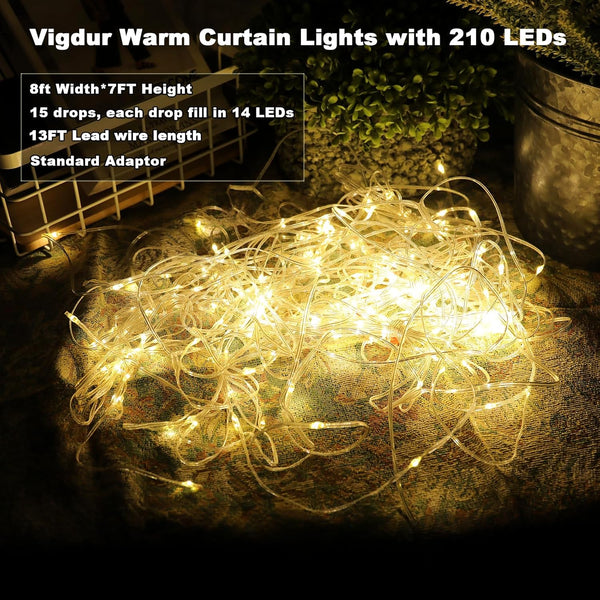 Vigdur Led Curtain String Lights, 8FT Window Fairy Lights for Bedroom with 210 Warm LEDs, Hanging Twinkle Indoor String Light for Party Wedding