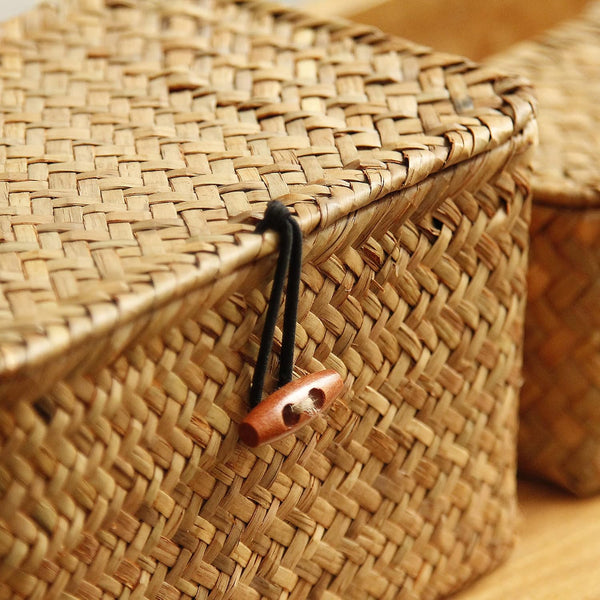 FEILANDUO Shelf Baskets with Lid Set of 3 Handwoven Seagrass Storage Box Wicker Basket Desktop Makeup Organizer Multipurpose Container (Original