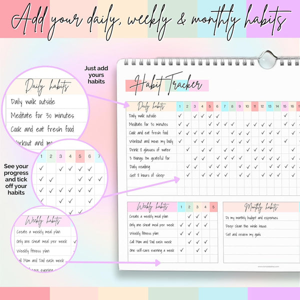 Habit Tracker Calendar â Daily, Weekly & Monthly Habit & Goal Tracker, Wire-Bound Planner with Colorful Design, Premium 250Gsm Paper | A5 Rainbow