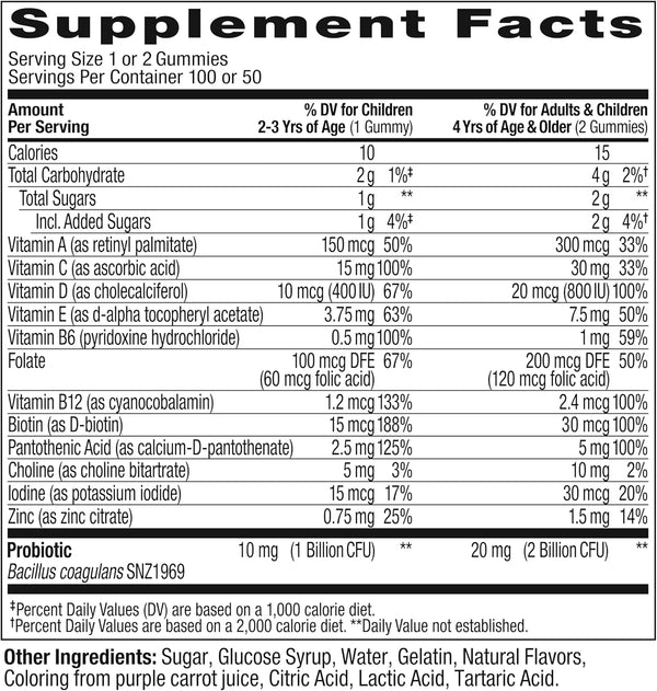 OLLY Kids Multivitamin & Probiotic Gummy, Digestive Support, Vitamins A, D, C, E, B, Zinc, Chewable Supplement, Berry Flavor, 50 Day Supply - 100