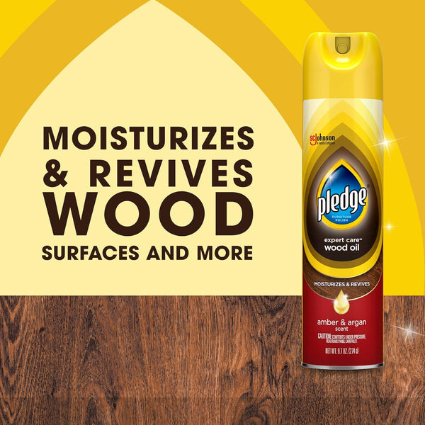 Pledge Moisturizing Wood Oil, Furniture Reviving Spray, Amber & Argan Scent, 9.7Oz