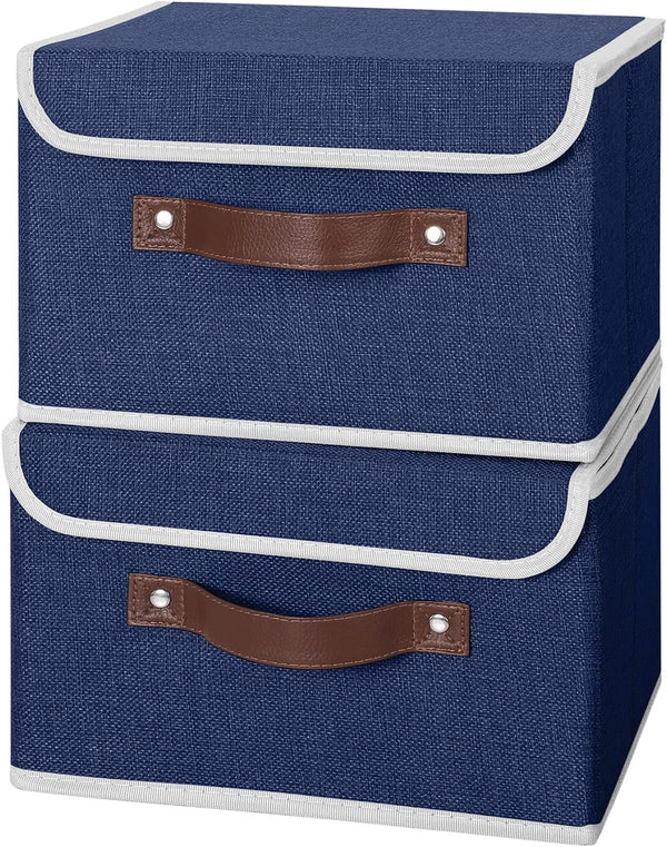 ANMINY 2PCS Storage Bins with Lid PU Leather Handles Storage Boxes PP Plastic Board Decorative Foldable Lidded Cotton Linen Fabric Home Cubes