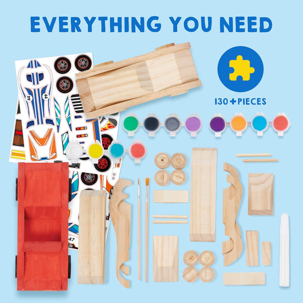 Klever Kits 4 DIY Wooden Race Cars-Build & Paint Your Own Wood Craft Kit, 4 Race Cars Toy, Easy to Assemble Arts Crafts Kit, Birthday Party