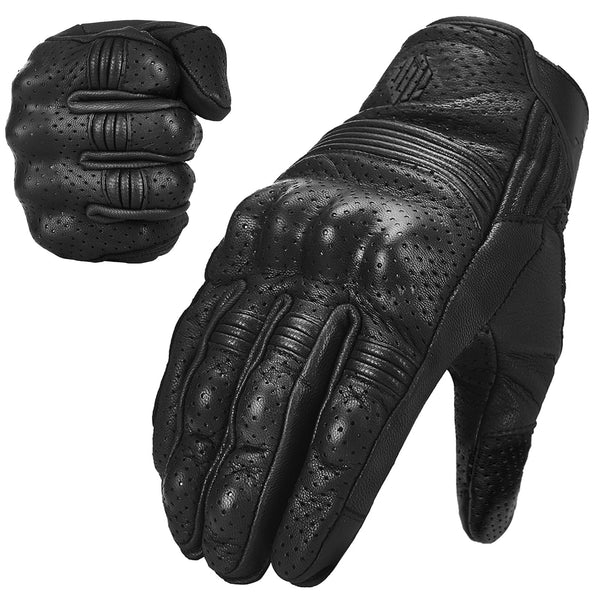 ILM Goatskin Leather Motorcycle Motorbike Powersports Racing Gloves Touchscreen for Men and Women Model DN01(XL, Black Perforated)